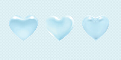 Set of blue vector glowing hearts. 3d design elements. Different matt glassy hearts isolated on transparent background