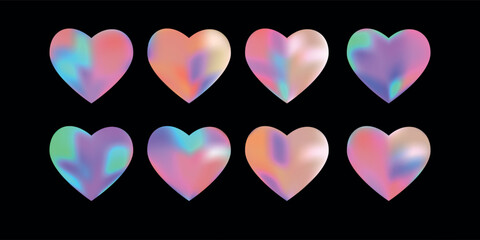 Set of y2k holographic heart shaped stickers. Vector icons. Bright gradient hearts isolated on black background