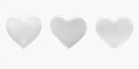 3d white soapy hearts. Set of vector design elements. Matt glassy hearts isolated on transparent background