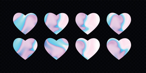 Set of wavy hologram hearts in y2k style. Vintage colored gradient stickers pack in heart shape