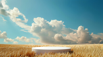 a surreal landscape where a stark white circular platform floats effortlessly above a golden wheat field. 