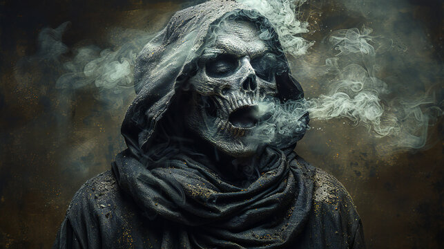 Grim Reaper Exhaling Smoke from a Cigarette - Dark Illustration