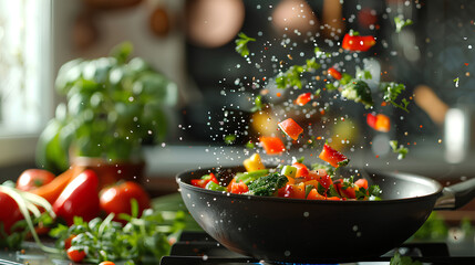 Vegetables fly out of the pan in the kitchen


