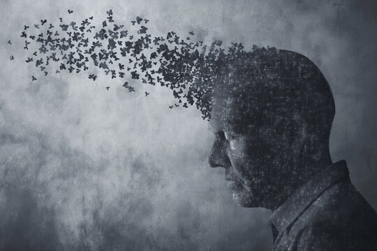 Man Dissolving into Picies, Black and White, Mental Health and Transformation Concept