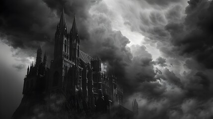 Ominous Gothic Castle Spires Looming in Stormy Skies - Dramatic Fantasy Architectural Landscape - obrazy, fototapety, plakaty
