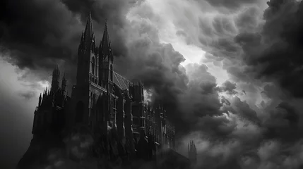 Deurstickers Ominous Gothic Castle Spires Looming in Stormy Skies - Dramatic Fantasy Architectural Landscape © T