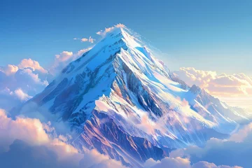 Poster Majestic snow-capped mountain peak rising above a sea of clouds, pristine slopes against a vivid blue sky, digital landscape painting © Lucija