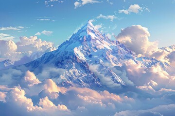 Majestic snow-capped mountain peak rising above a sea of clouds, pristine slopes against a vivid blue sky, digital landscape painting