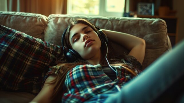 Young girl lying on a sofa and enjoying music through headphones.AI generated image