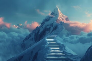 Pathway to success, steps leading to mountain peak, human performance and growth mindset concept, digital art
