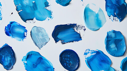 a captivating array of blue paint smears on a pristine white background. - obrazy, fototapety, plakaty