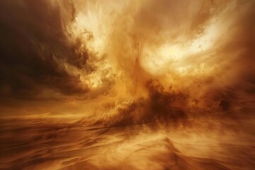 Intense sandstorm engulfing desert landscape, dramatic sky and swirling sand creating abstract digital art background