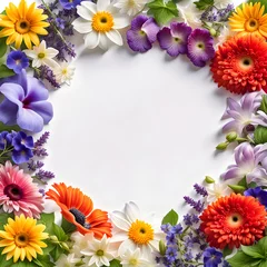  Beautiful square image of wet pansy gerbera carnation poppy sunflower periwinkle and lavender flowers frame border © Spring of Sheba