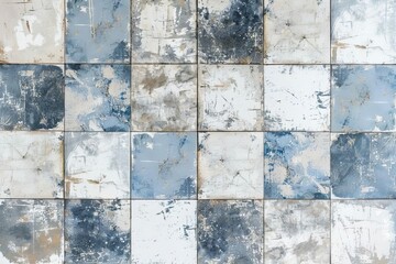 Vintage shabby chic patchwork tiles in white, grey, and blue, worn grunge texture, seamless pattern background