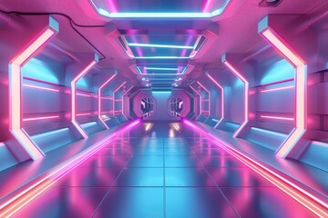 Futuristic Sci-Fi Interior with Glowing Pink and Blue Neon Tubes, 3D Illustration