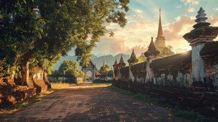 The famous tourist attraction has an old wall with an old Buddhist Church.AI generated image - obrazy, fototapety, plakaty