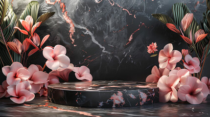 Modern Black Marble Podium, front view focus with Rose Gold Accents and Soft Pink Flowers Background, ultra-realistic, perfect for product showcase - obrazy, fototapety, plakaty