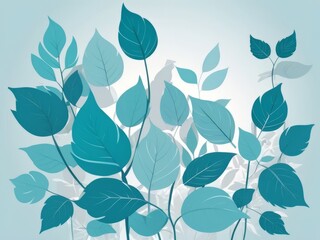 Teal blue abstract floral illustration with leaves and branches on light  background.  Creative, decorative art.