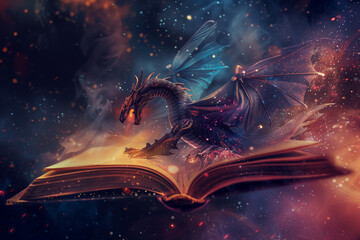 Dragon coming out of a book, cosmic creature in a galaxy for readers of paper fantasy adventures - obrazy, fototapety, plakaty