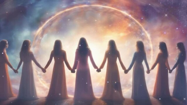 ilustra&ccedil;&atilde;o mulheres de m&atilde;os dadas no cosmos 