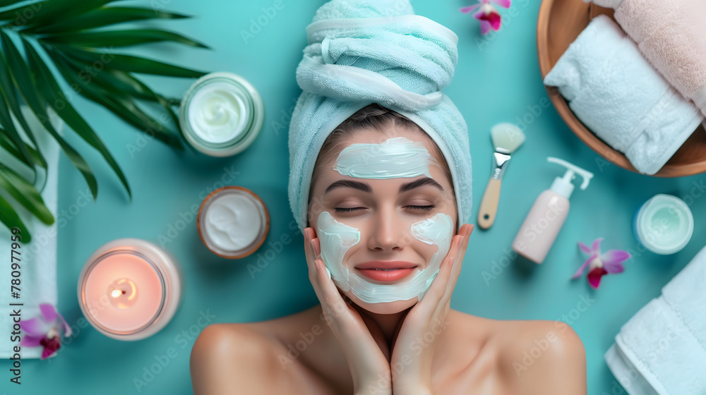 Wall mural a woman with a facial mask on her face doing a spa and beauty treatment in the salon, top view, flat