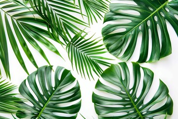 Lush Palm Leaves on White Background, Tropical Foliage Pattern