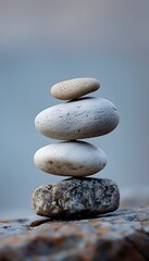 Stacked stones forming a balanced and serene minimalist arrangement on a tranquil beach with a calming blue water reflection creating a zen-like