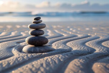Stacked Stones on Serene Beach at Sunset Horizon - obrazy, fototapety, plakaty