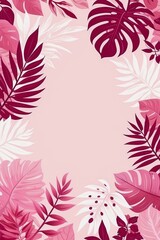 Fototapeta na wymiar Pink and ruby abstract floral illustration with leaves and branches on light pink background. Creative, decorative art.