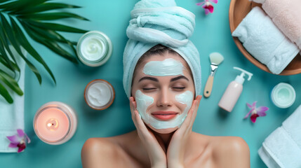 A woman with a facial mask on her face doing a spa and beauty treatment in the salon, top view, flat lay, copy space concept banner for cosmetic products background - Powered by Adobe