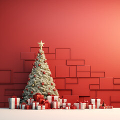 Fototapeta premium Christmas Tree and Gifts Against Red Backdrop