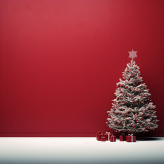 Snow-Dusted Christmas Tree with Red Background

