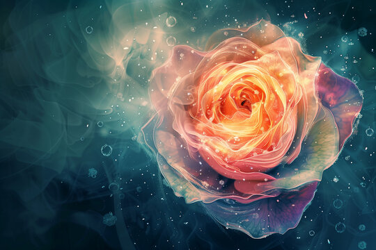 Magical rose full of color, copy space of the colorful petals of a flower full of light on a background of dark tones
