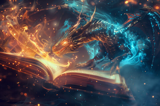 Dragon coming out of a book, colorful winged lizard full of magic and fantasy coming out of the pages of a novel