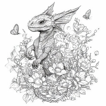 dragon surrounded flowers black white