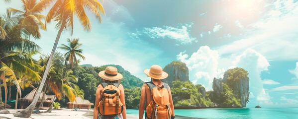 Couples on Tropical Beach Vacation in Adventure Style - obrazy, fototapety, plakaty