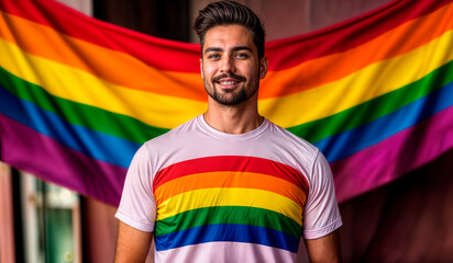 A man with a beard wearing a shirt with the LGBTQ rainbow flag on it stands in front of a wall with a rainbow flag.