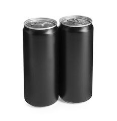 Energy drinks in black aluminum cans on white background