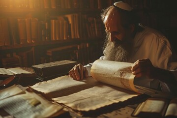 Religious scholar studying ancient Hebrew manuscript on parchment, spiritual knowledge concept - obrazy, fototapety, plakaty