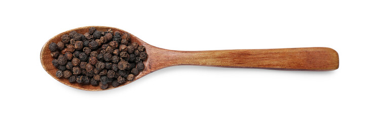 Fototapeta na wymiar Aromatic spice. Many black peppercorns in spoon isolated on white, top view