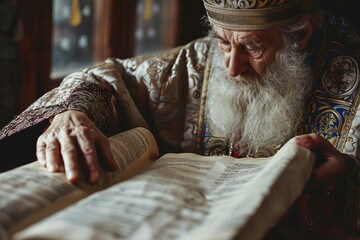 Religious scholar studying ancient Hebrew manuscript on parchment, spiritual knowledge concept