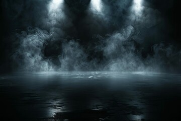 Dark stage with dramatic lighting, smoke, and spotlights, abstract background for product display
