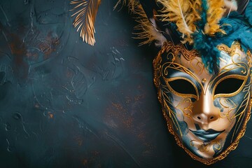 Venetian carnival mask with gold and feathers on dark background, masquerade party concept - obrazy, fototapety, plakaty