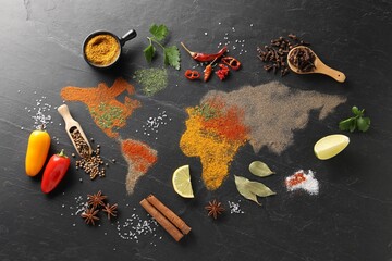 World map of different spices and products on dark textured table, flat lay