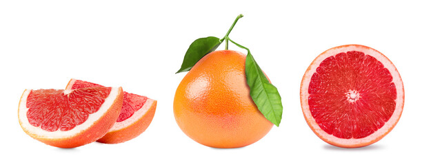 Fresh ripe grapefruits isolated on white, set