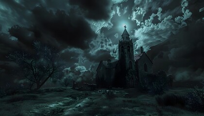 Gothic Ominous Castle Shrouded in Foreboding Clouds and Mysterious Atmosphere in a Haunting Landscape Backdrop - obrazy, fototapety, plakaty