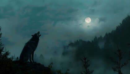Solitary Wolf Howling Under Gothic Dark Sky in Mystical Moonlit Forest