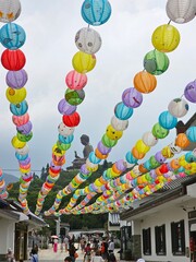 Oriental lantern decoration blue sky background Nong Ping Big Budha 