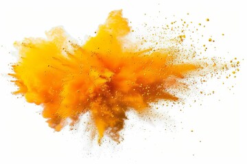 Bright yellow and orange Holi powder paint explosion burst for industrial print design, isolated on white