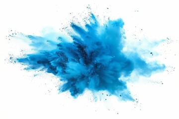 Bright cyan blue Holi powder paint explosion burst for industrial print design, isolated on white